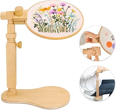 Adjustable Embroidery Hoop Stand Cross Stitch Stand Lap, Beech Wood Embroidery Hoop Holder Frame, Rotated Needlepoint Frame Stand for Art Craft Sewing Needlework Projects