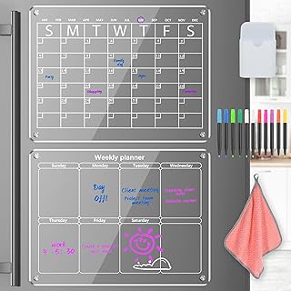 EOTW Acrylic Magnetic Fridge Calendar Set, Clear Magnetic Acrylic Fridge Weekly Planner Board with 11 Dry Erase Markers Board Calendar, Reusable Planner for Menu, Meal, Memo (15.7'' x 11.8'')