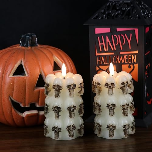 Miniatura 4 de GenSwin Velas de calavera sin llama parpadeantes con temporizador remoto, velas LED que funcionan con pilas, pilar de cera real, no ver el mal,
