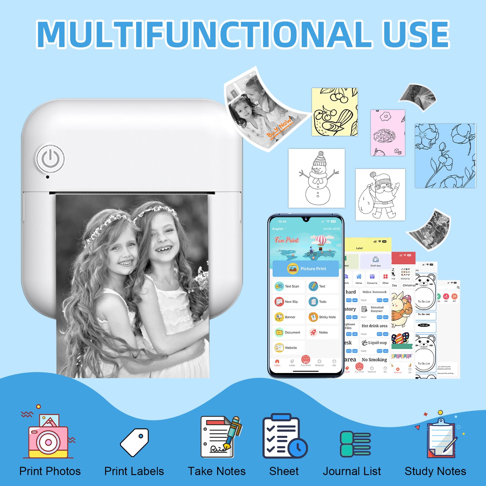 Mini imprimante Photo pour Smartphone,Portable imprimante Thermique avec 13 papiers d'impression Thermique et 5 stylos Aquarelle, pour Apprentissage, Notes d'étude, diagrammes, Photos