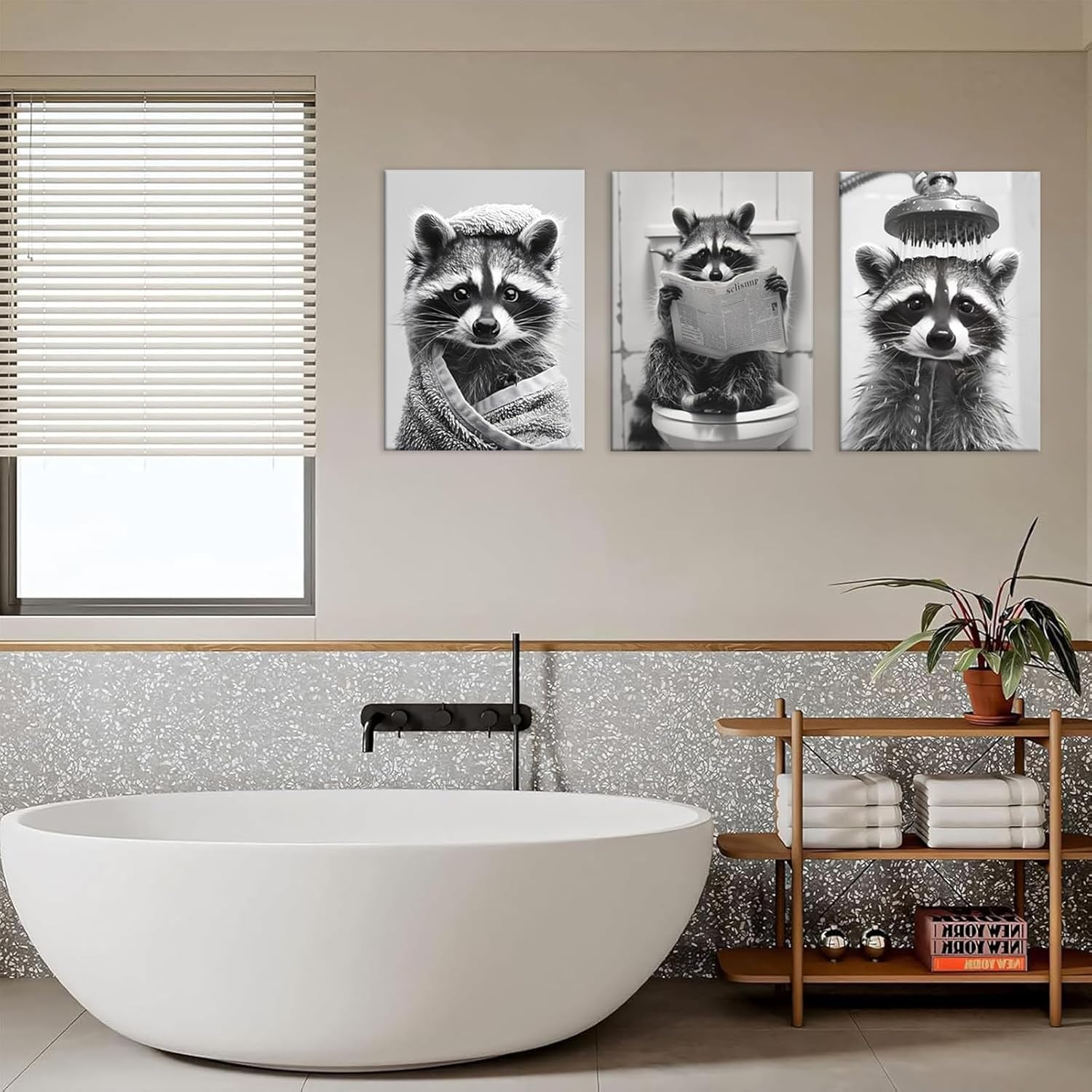 3Pcs Raccoon Bathroom Wall Art Funny Bathroom Wall Decor Black White Animal Poster Funny Raccoon on Toilet Reading Newspaper Canvas Prints Painting Picture for Bath Restroom 12X16 inch Framed - Image 6
