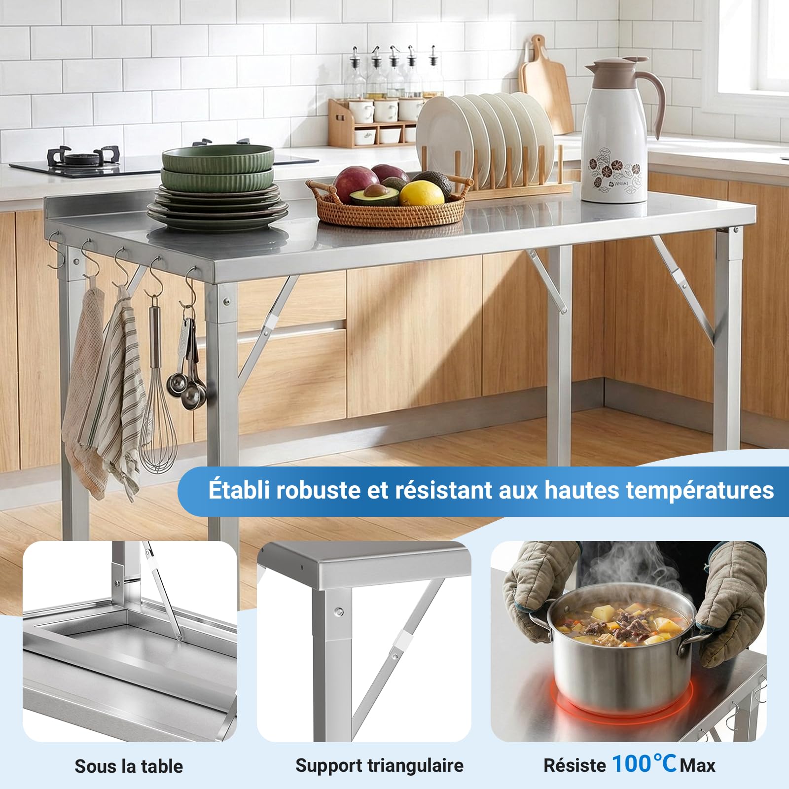 TLSUNNY Table de Travail Cuisine Pliante Acier Inoxydable 120x60cm, Établi de Restauration en Inox avec 5 Crochets, Pied Réglables, Charge 250kg,Table de Préparation Alimentaire pour Restaurant Jardin