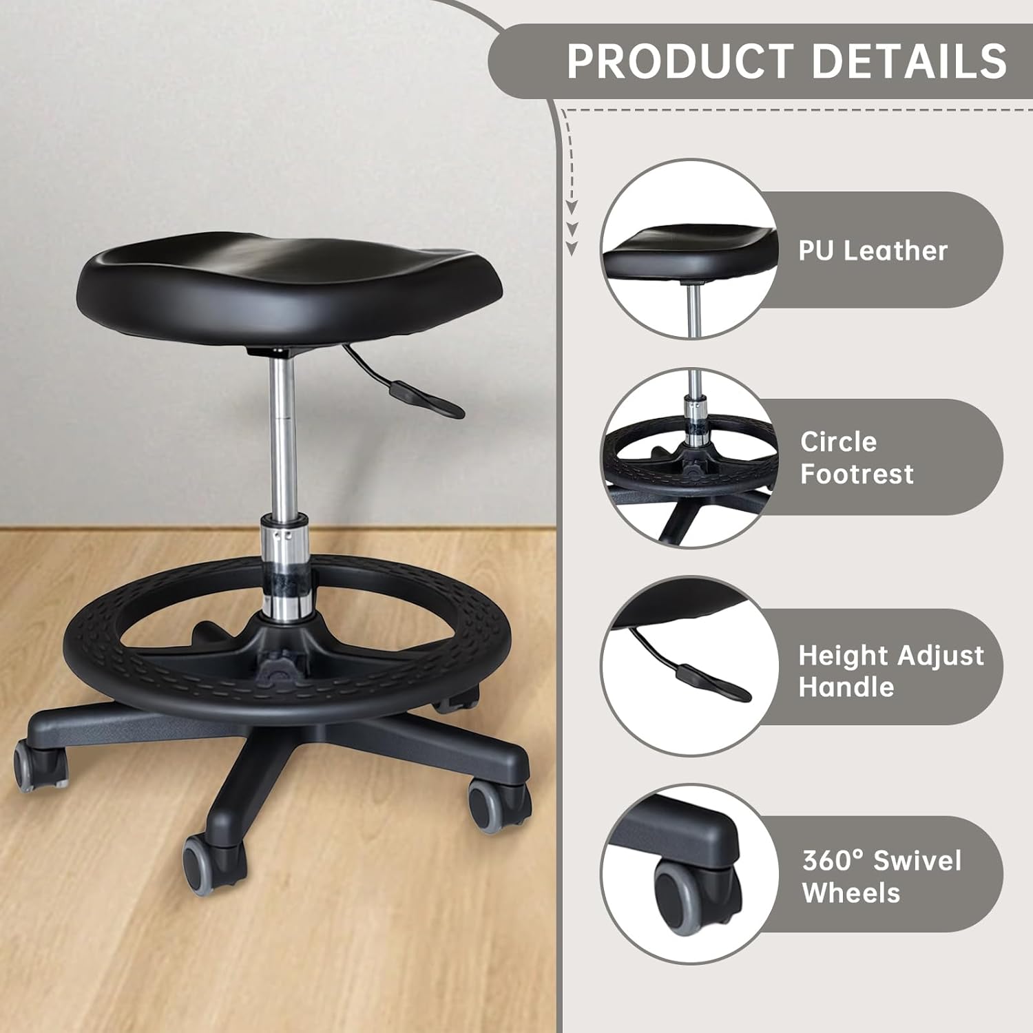 Professional Ergonomic Triangular Saddle Stool with Castors, Height-Adjustable Swivel Stool. Suitable for Clinics, Dental Practices, Massage, Tattoo Studios, and Beauty Salons (Black)