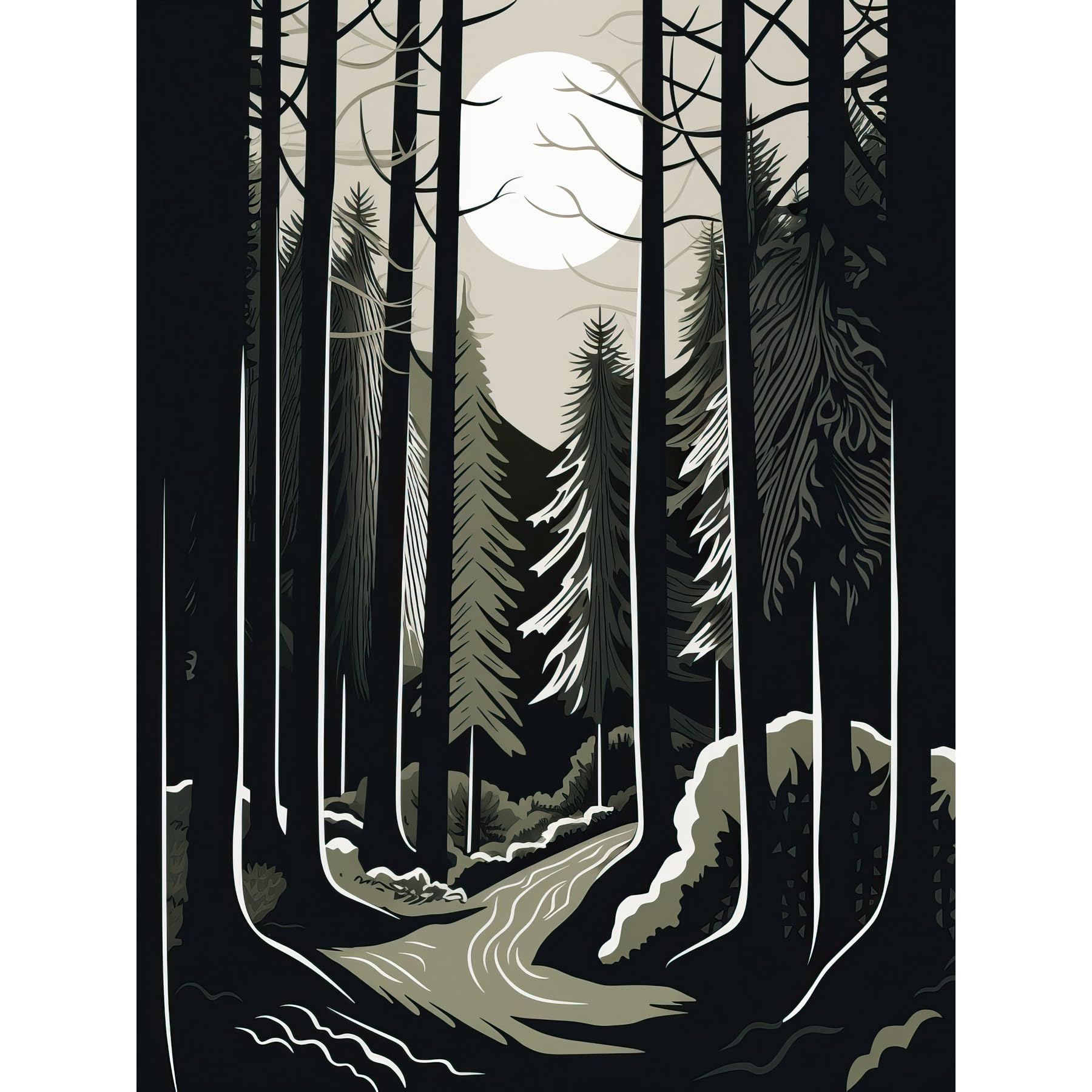 Artery8 Full Moon Night at Pine Forest Landscape Linocut Large Wall Art Poster Print Thick Paper 18X24 Inch