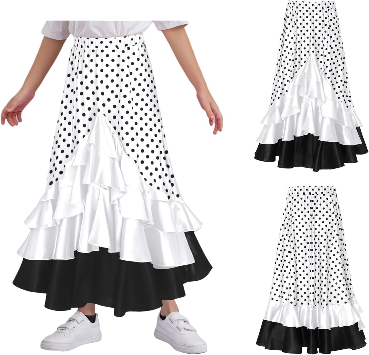 CHICTRY Kids Girls Spanish Flamenco Dance Skirts Polka Dot Ruffle Long Mexican Folklorico Dance Skirts Ballroom Dancewear