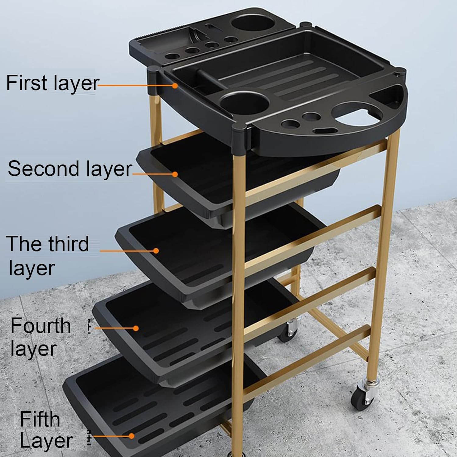 Carrito de almacenamiento rodante de 5 niveles con bandeja plegable y estante para secador de pelo para organización de salón, carrito de almacenamiento de herramientas