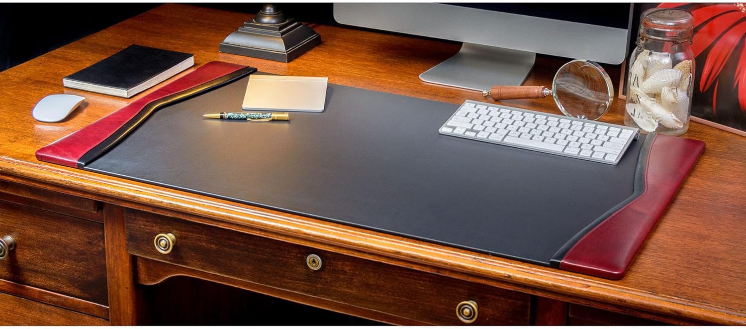 Dacasso 34" x 20" Burgundy Leather with Black Trim Desk Pad - Executive Desk Surface Protector - Luxury Leather Blotter for Writing