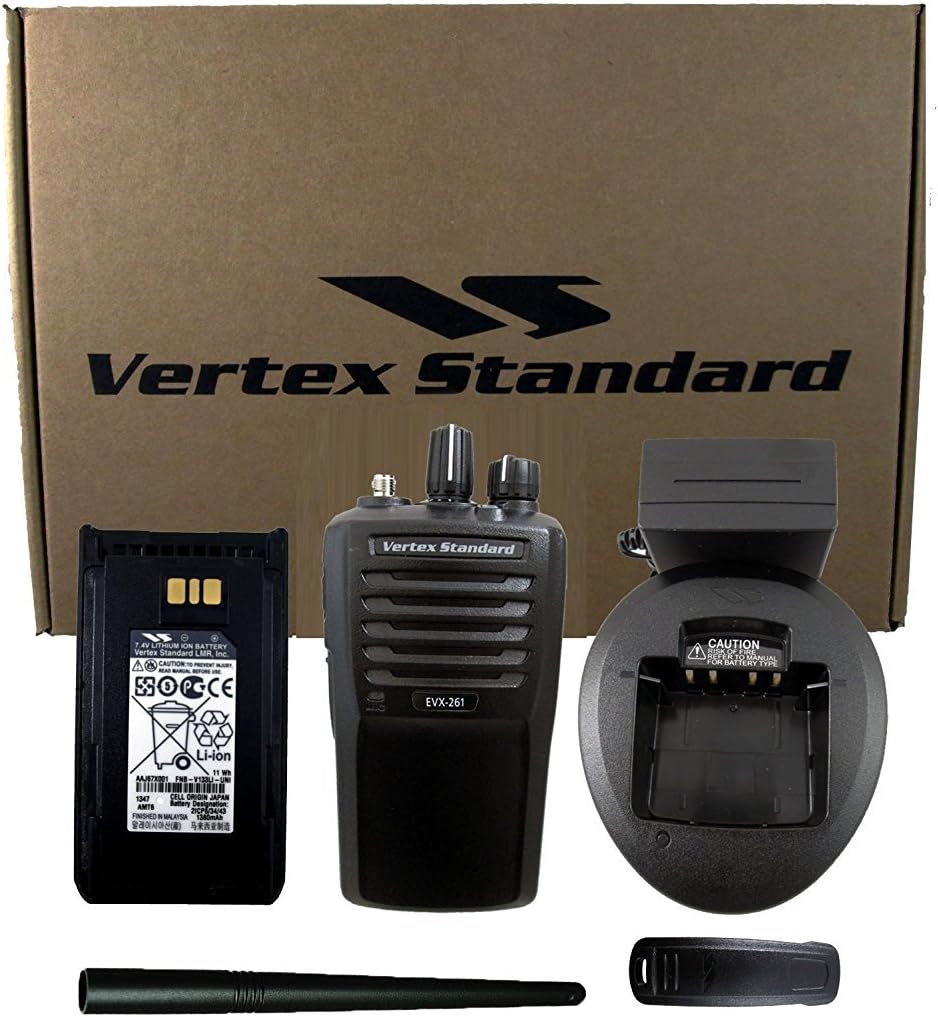 Vertex Standard EVX-261 radio with included accessories: battery, charger, antenna, and belt clip