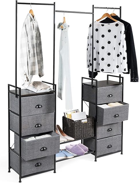 COSTWAY Clothes Hanging Rail, Coat Shoes Display Wardrobe Closet with Drawers, Home Bedroom Living Room Clothing Storage Organiser Stand Garment Rack (Dark Grey, 8 Drawers + 2 Shelf)