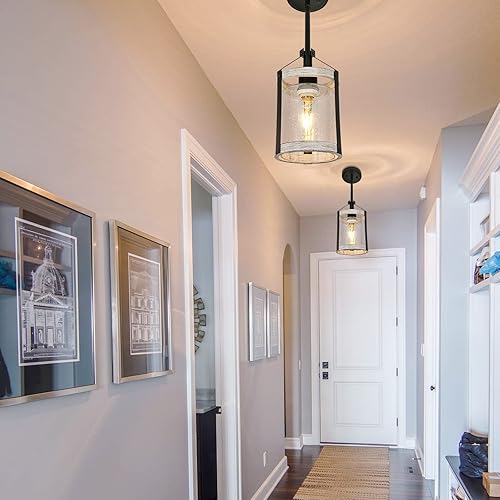 Miniatura 3 de Lámpara colgante de granja, luz de cocina de vidrio sembrado con jaula de metal, lámpara colgante rústica con acabado de madera envejecida, luz