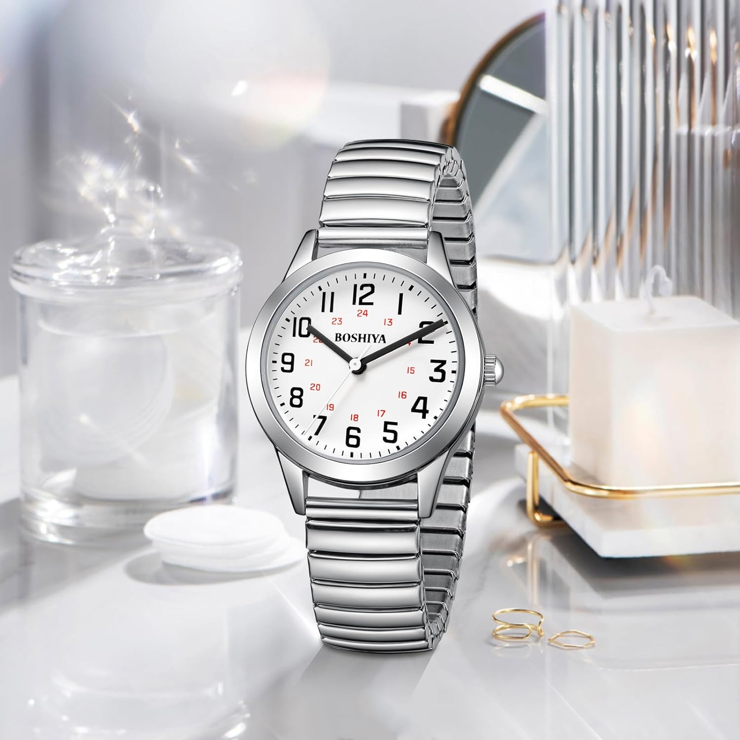 BOSHIYA Women's Stretch Band Watch Easy Reader 30mm Analog Quartz with Stainless Steel Elastic Strap Waterproof Ladies Wristwatch Gold/Silver - Image 4