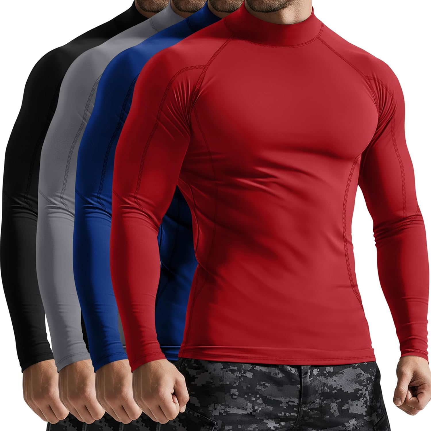 4 Pack Men's Compression Shirts Mock Neck Long Sleeve Workout Turtleneck Raglan Athletic Slim Fit Base Layer Tops