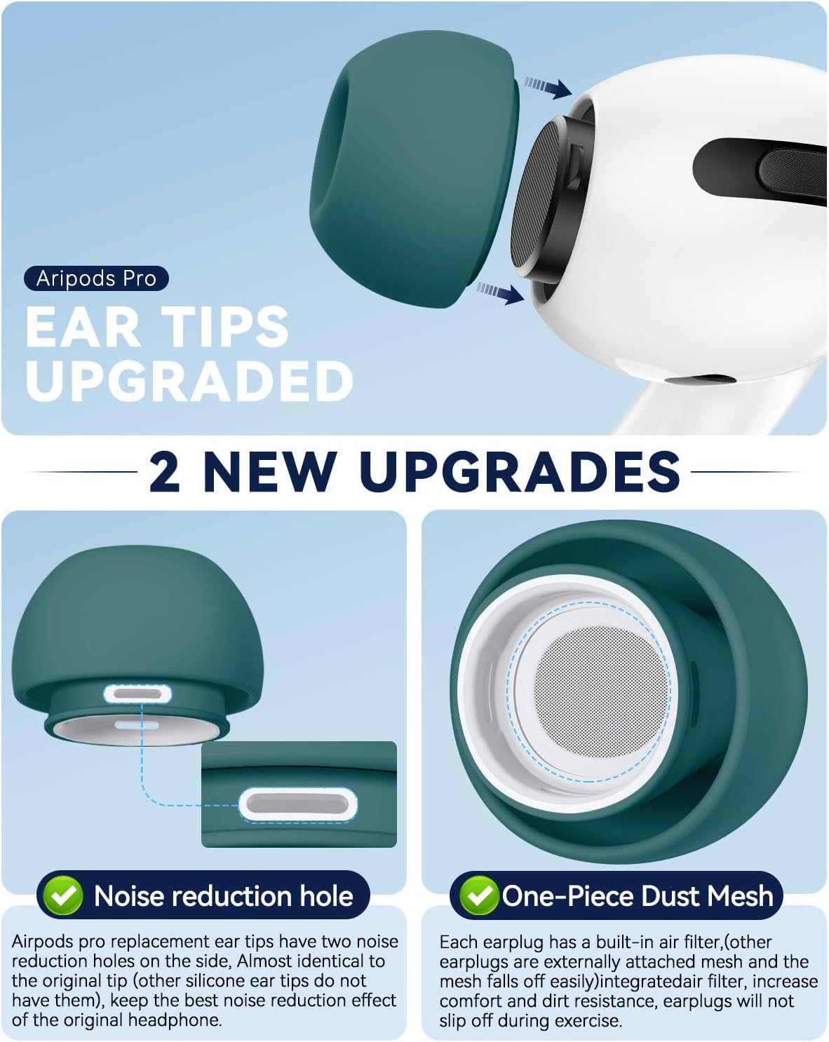 4 Pairs Replacement Ear Tips for AirPods Pro 2nd/1st (Green) image 4