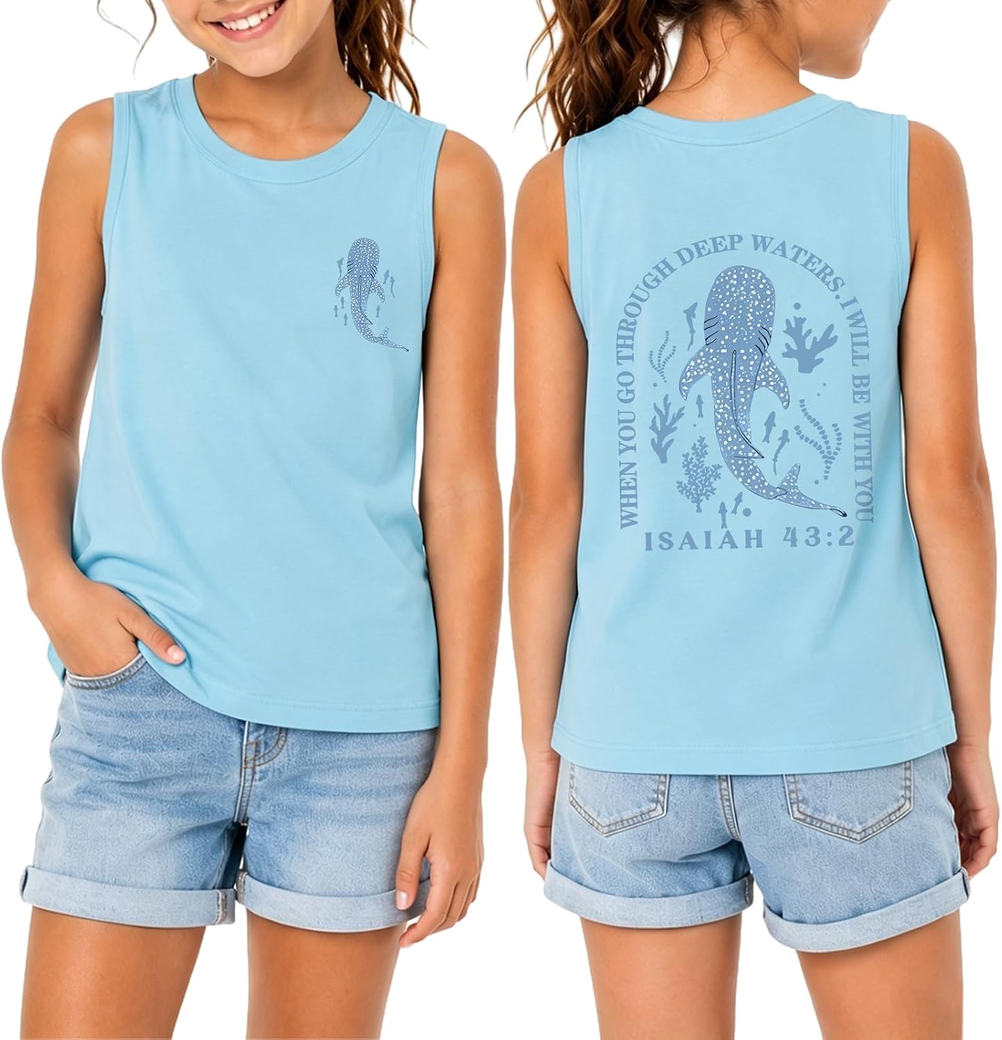 Girls Christian Graphic Tank Tops Jesus Whale Shark Bible Verse Shirts Kids God Faith Religious Cute Sleeveless Tees