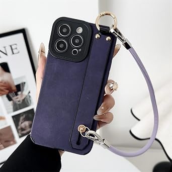 Lanyard Leather Wrist Strap Phone Case for iPhone 16 Promax 15 14 Plus 11 12 13 Pro Max Cord Rope Bumper Coverfor iPhone 16 Pro Max/Purple