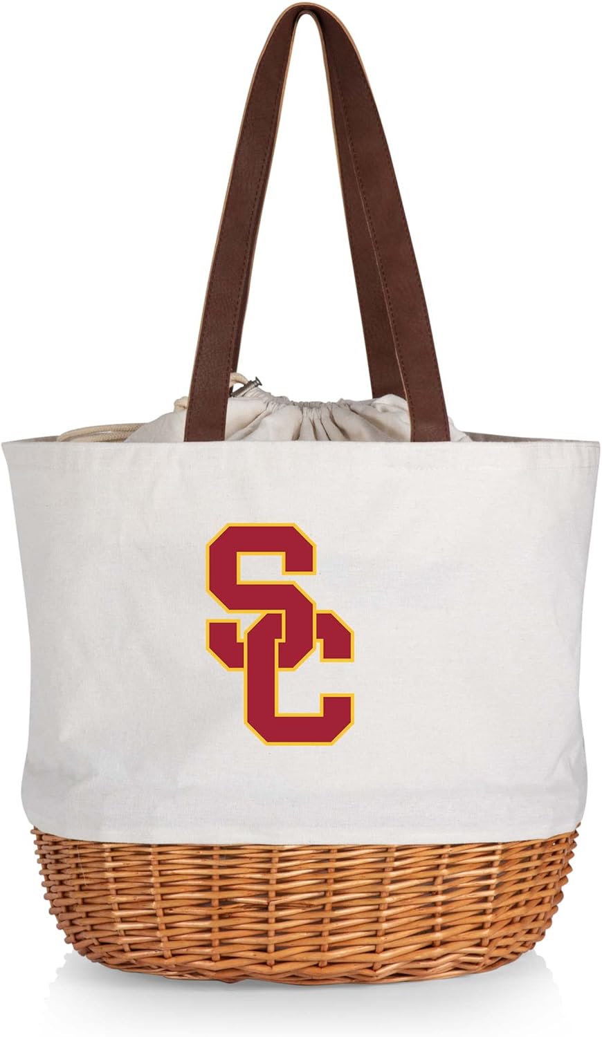 PICNIC TIME NCAA USC Trojans Coronado Canvas and Willow Basket Tote, Picnic Tote Bag, Beach Tote, (Beige Canvas)