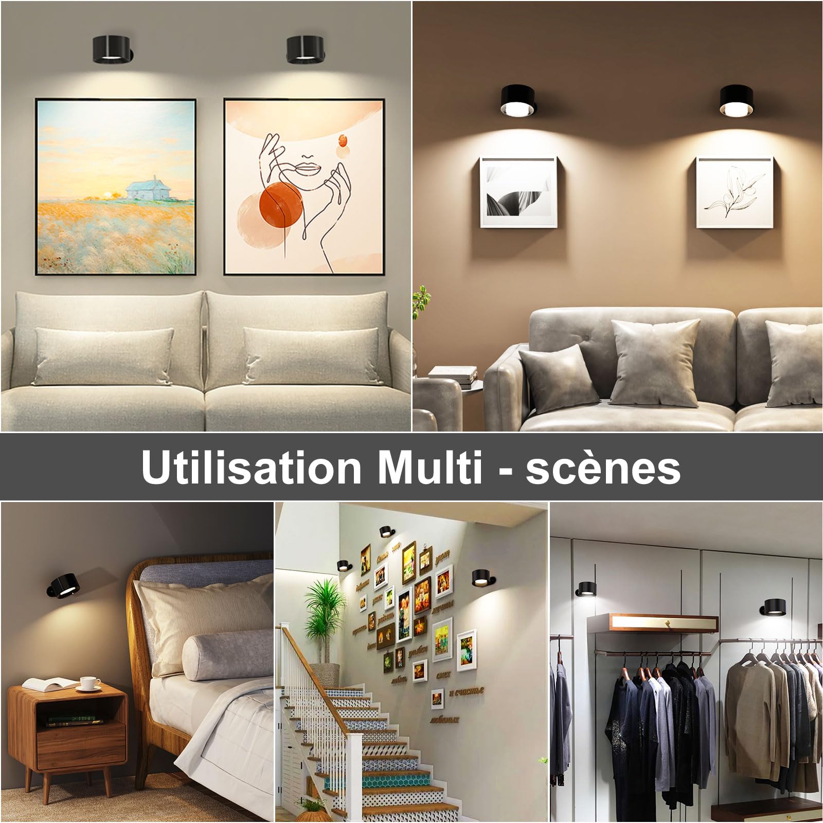 Applique Murale LED Touch avec Port USB, 3 Niveaux de Luminosité 3 Températures, Rotatif 360° Noir