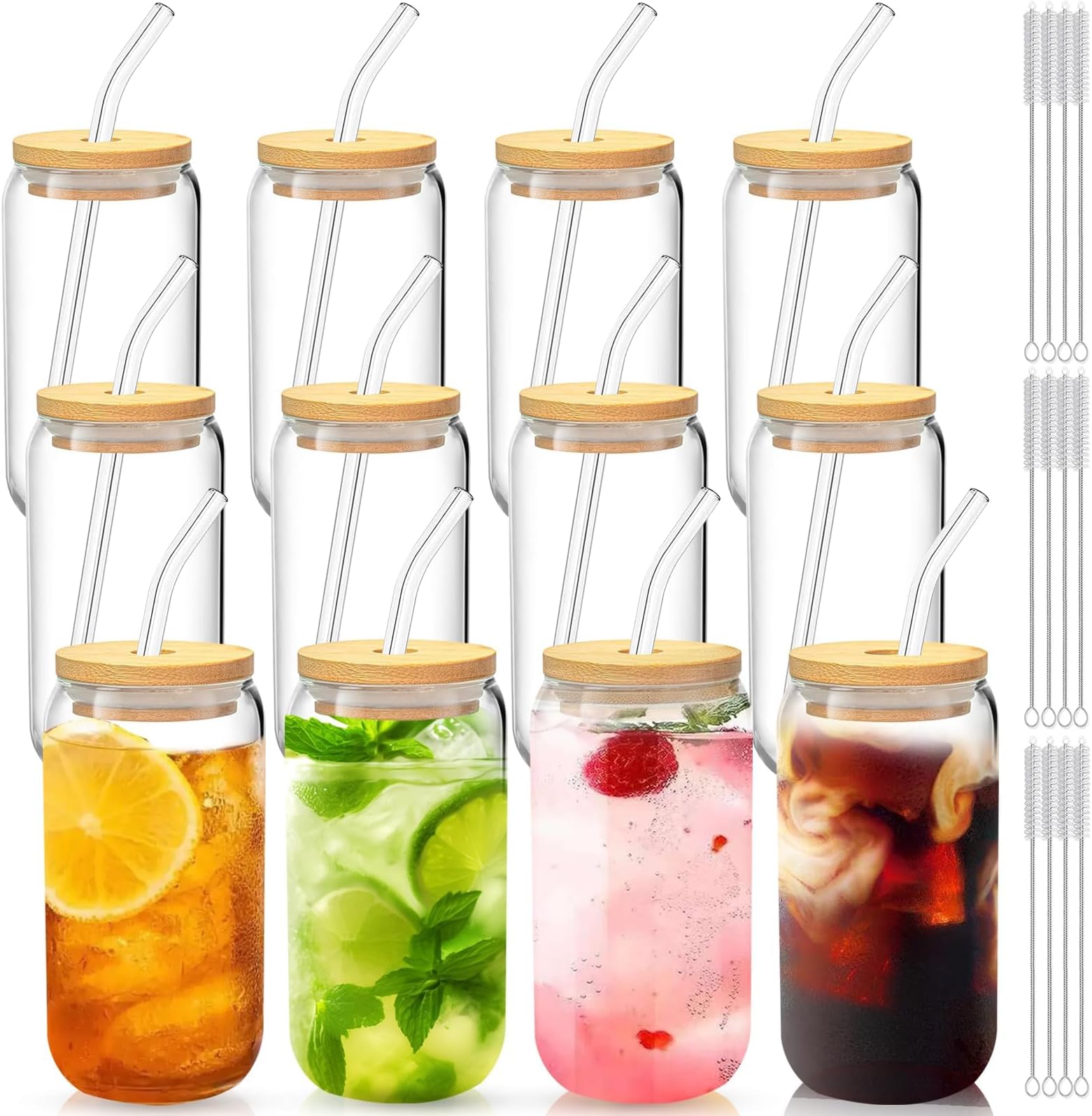 Glass Cups with Lids and Straws Set of 12 – 16oz Iced Coffee Tumblers for Christmas, Thanksgiving, and Family Gatherings – Gift-Ready Drinkware for Parties and Holiday Hosting