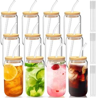 Glass Cups with Lids and Straws Set of 12 – 16oz Iced Coffee Tumblers for Christmas, Thanksgiving, and Family Gatherings – Gift-Ready Drinkware for Parties and Holiday Hosting