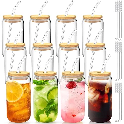 Glass Cups with Lids and Straws Set of 12 –