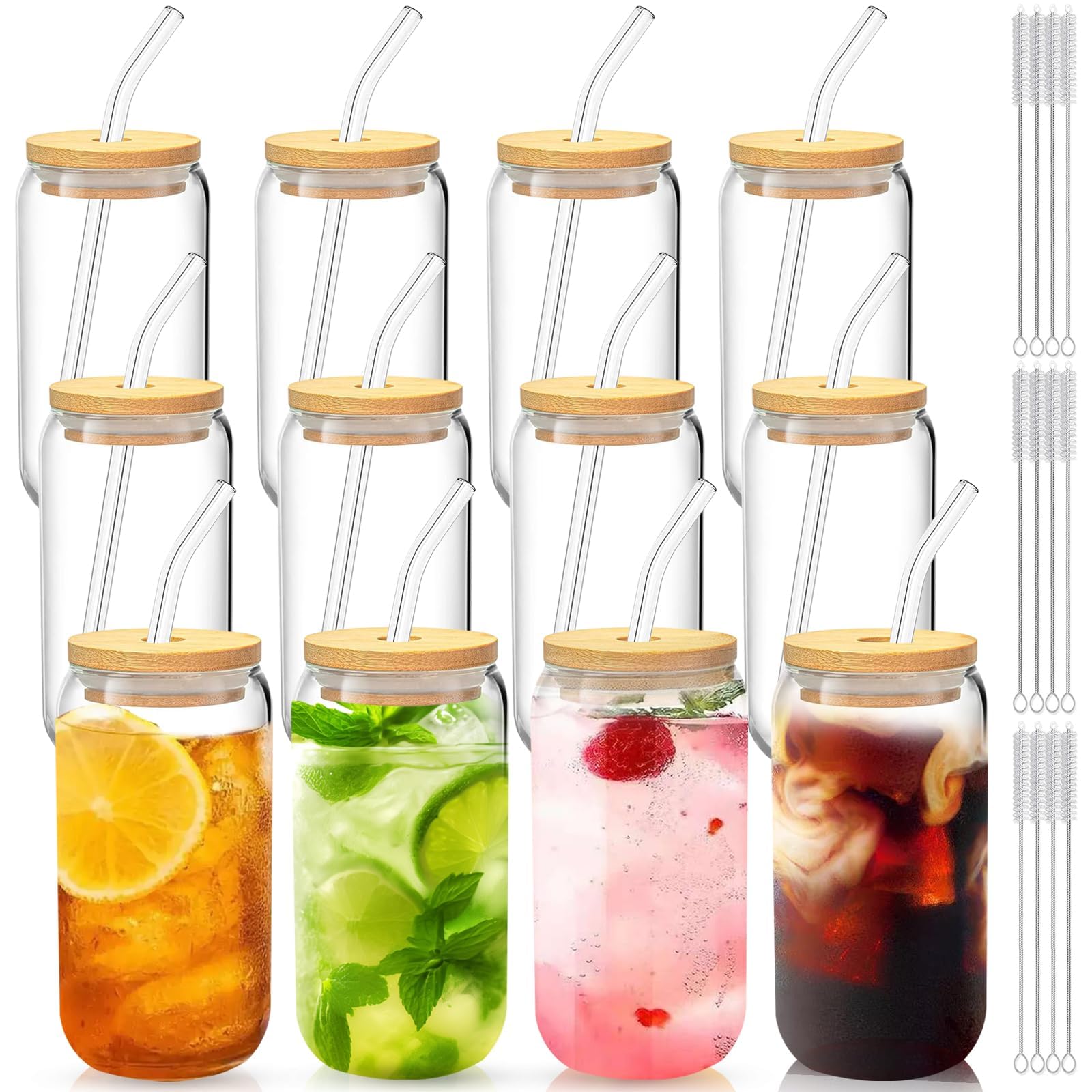 Glass Cups with Lids and Straws Set of 12 – 16oz Iced Coffee Tumblers for Christmas, Thanksgiving, and Family Gatherings – Gift-Ready Drinkware for Parties and Holiday Hosting