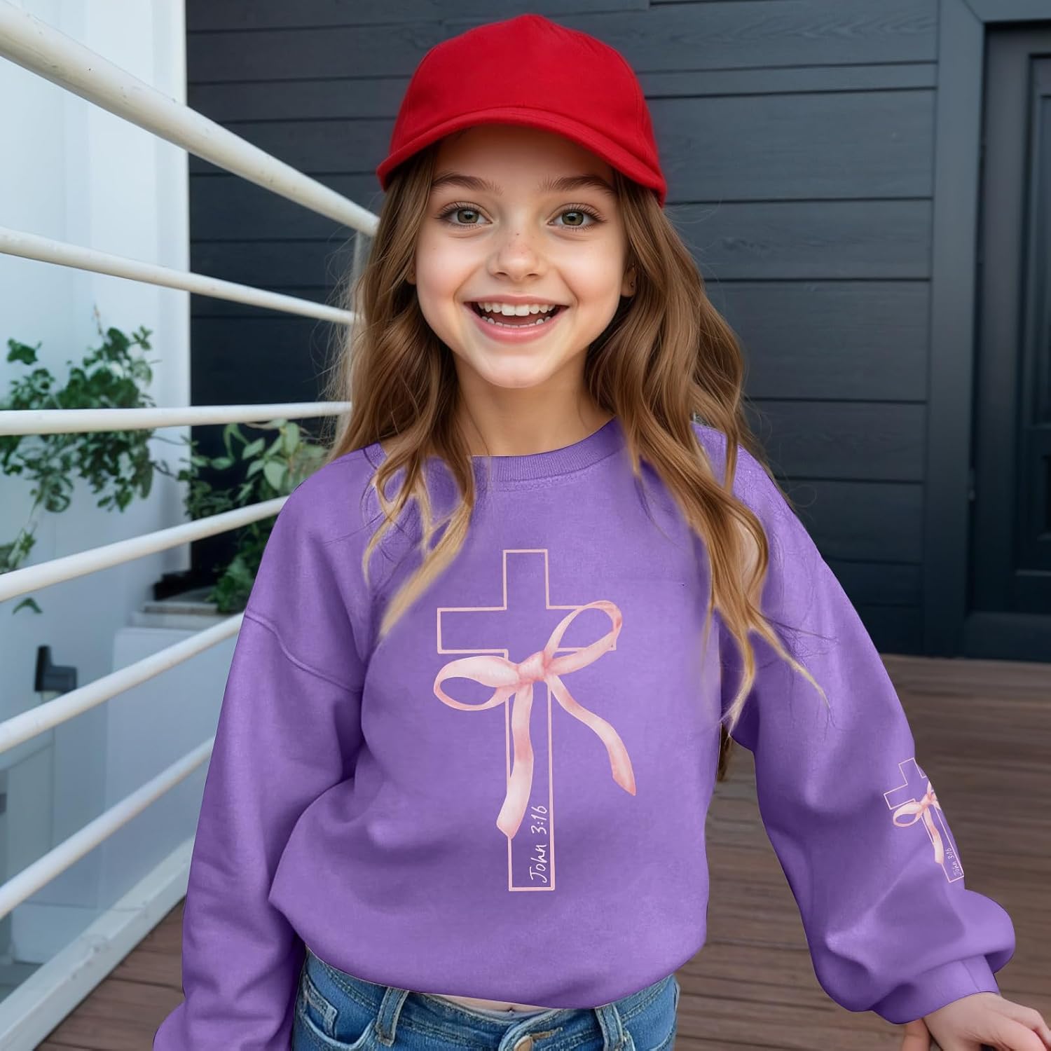 Girls Christian Sweatshirt Kids Cute Pink Bow Sweatshirts Teens Aesthetic Cross Graphic Long Sleeve Shirt Pullover Top