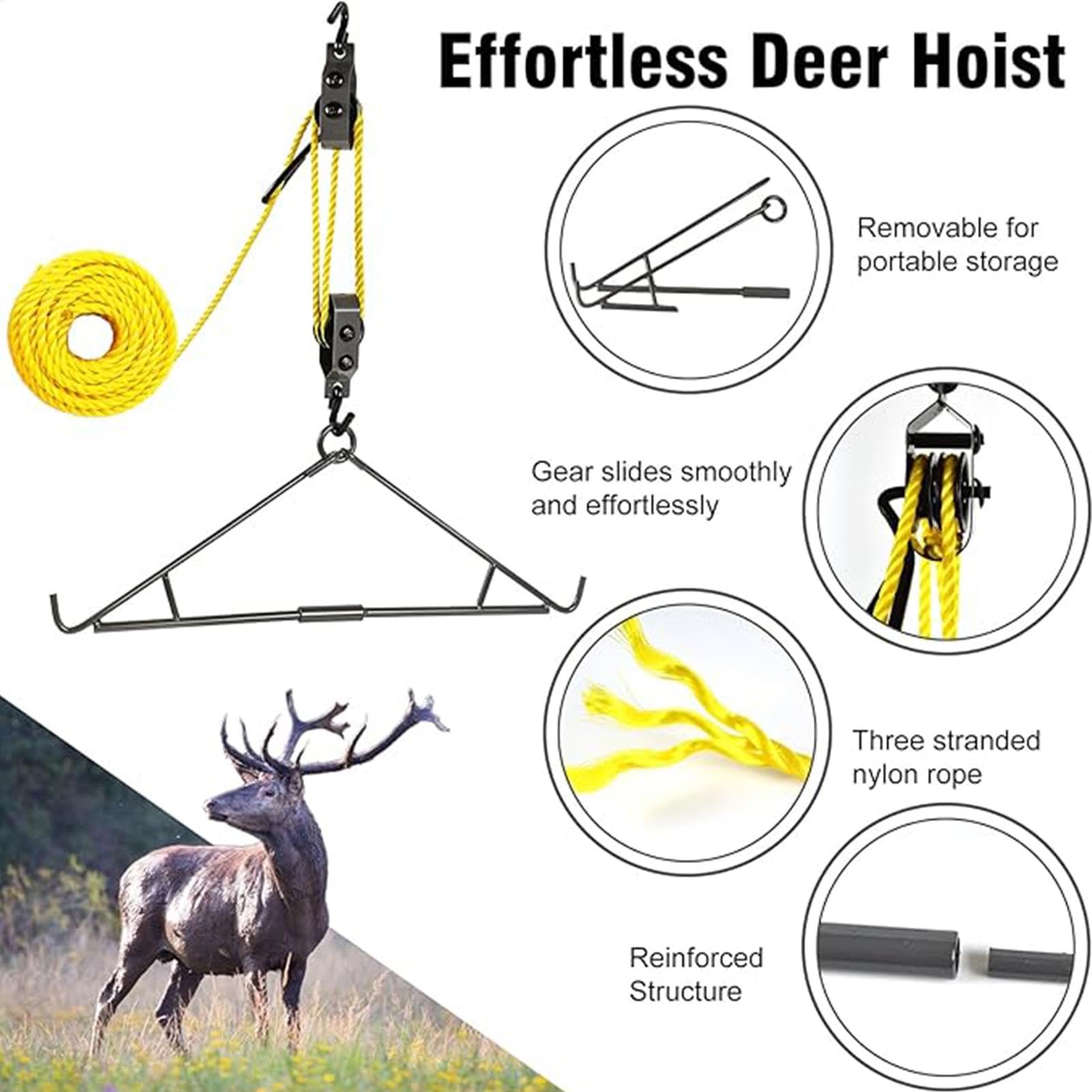 Elk Hoist Pulley Lift System, gra my?liwska, zestaw do zawieszenia | akcesoria do polowania jelenie, zestaw do zawieszenia, rze?nictwo do zabawy, ?atwy w u?yciu, przeno?ny do rze?nictwa
