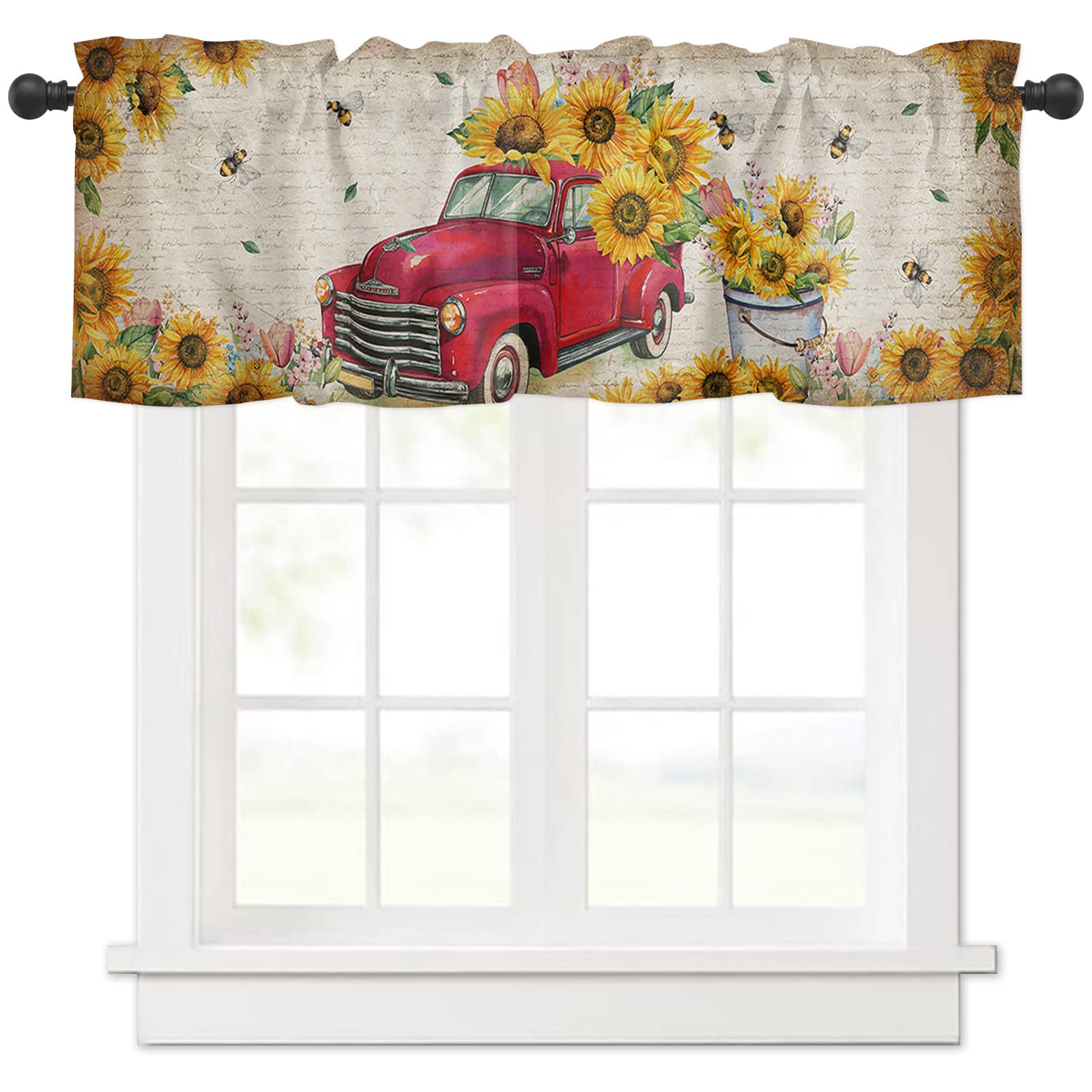 Rustic Farmhouse Kitchen Curtains Vintage Red Truck Kitchen Curtains -  Farmhouse Cafe Style (27.5\, image size:1600x1600
