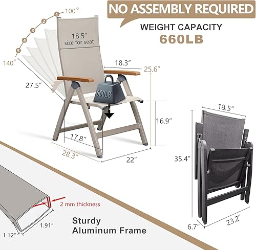 Miniatura 2 de Silla plegable ajustable, balcón interior y exterior, porche de patio, césped de jardín, piscina, para cómodas sillas plegables, reclinable portátil