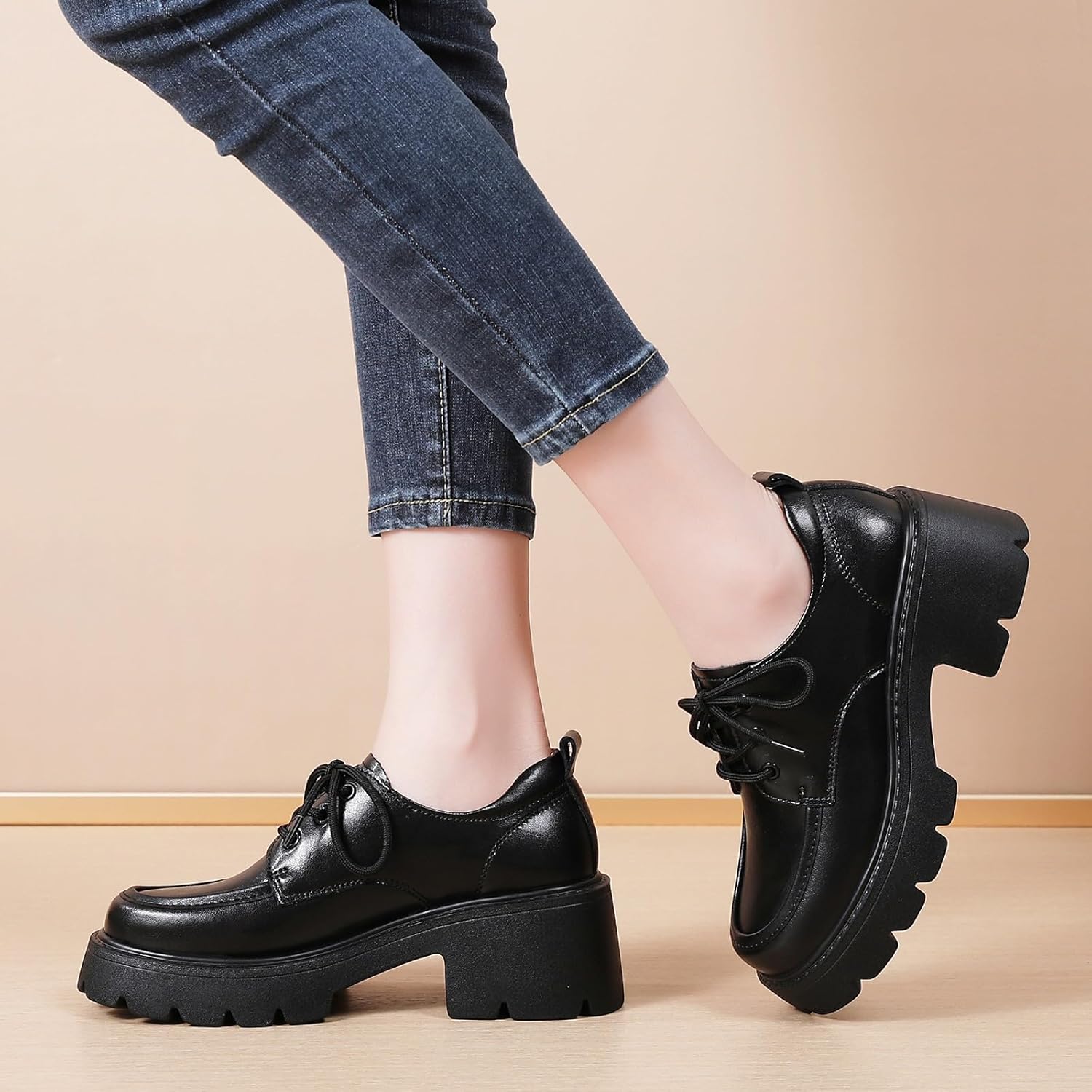 QHH Platform Oxford Shoes for Women Women's Oxfords Lace-Up Chunky Heel Lightweight Oxford Heels Fashion Business Casual Shoes Comfortable Dressy Shoes Office Work Pumps Shoes for Womens Ladies - Image 2