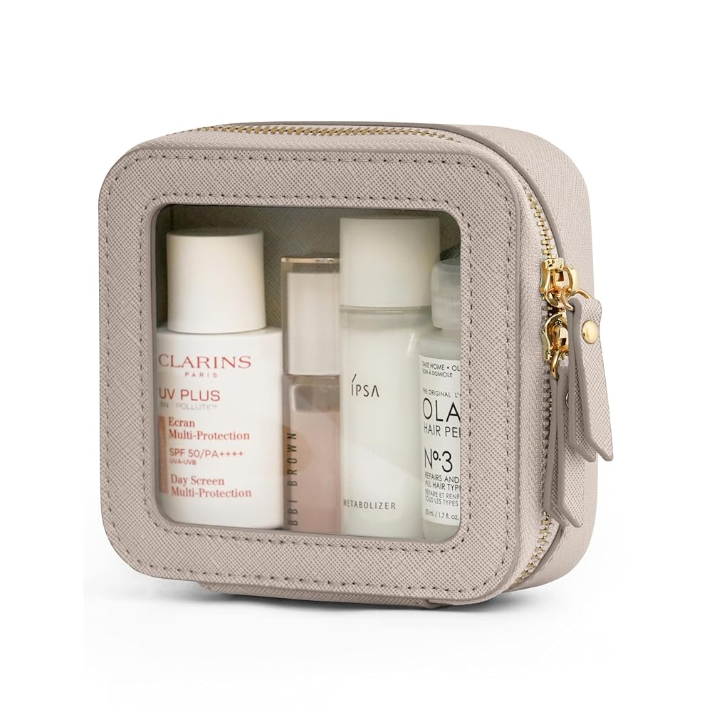 Popvibe Clear Makeup Bag Travel Cosmetic Case Transparent Toiletry Bag with Zipper, Portable Make Up Organizer Traveling Compact Car Bag for Essentials, Stone, Mini