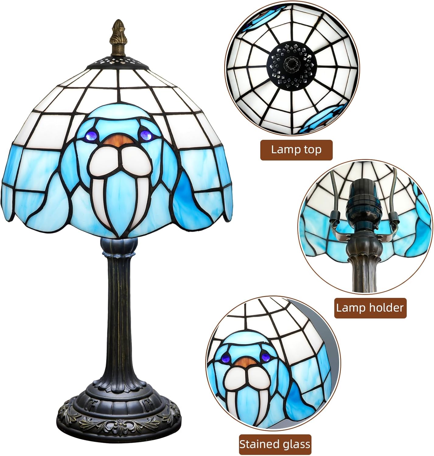Tiffany Table Lamp Walrus Blue Stained Glass Bedside Lamp Antique Unique Cute Accent Nightstand Light for Home Living Room Office Dormitory Bar Decorate