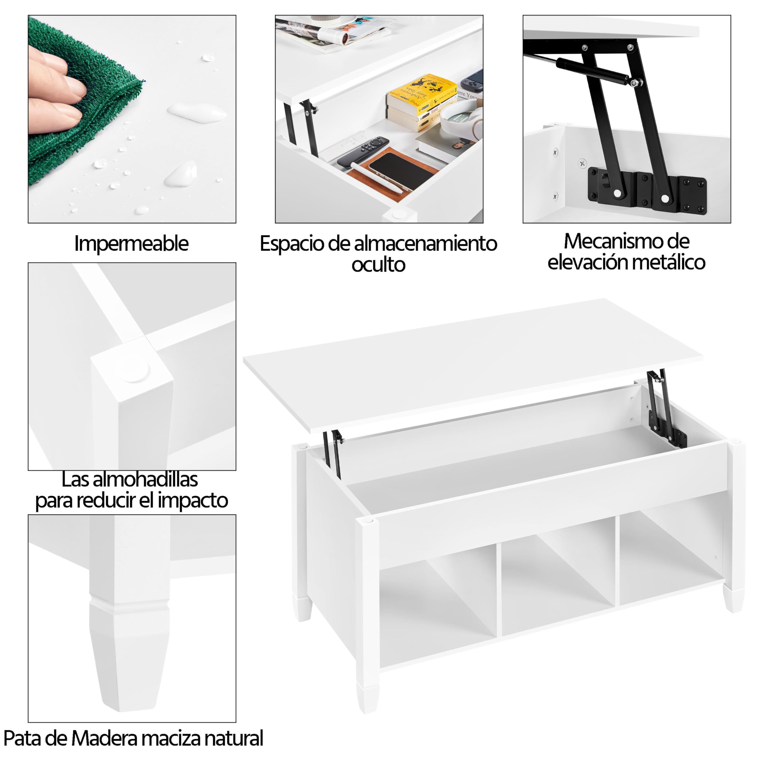 Yaheetech Mesa de Centro Elevable con Cajón 104,5 x 49,5 x (49-62) cm | Mesa de Café para Salón de Estilo Moderno con Patas de Madera Maciza Blanco