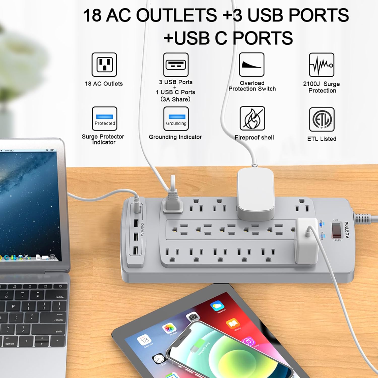 18 Outlets Surge Protector Power Strip - 10 Feet Flat Plug Heavy Duty Extension Cord with 18 Widely Outlets and 4 USB Ports, 2100 Joules, Grey, ETL Listed