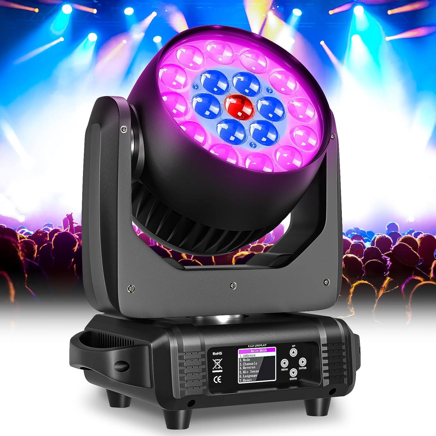 LED Moving Head Light 19x15W Beam/Wash/Zoom Effect, RGBW 4in1 Stage Lights Professional Auto, DMX512,Sound Activated and Self-propelled Control DJ Lights for Music Party Disco Wedding