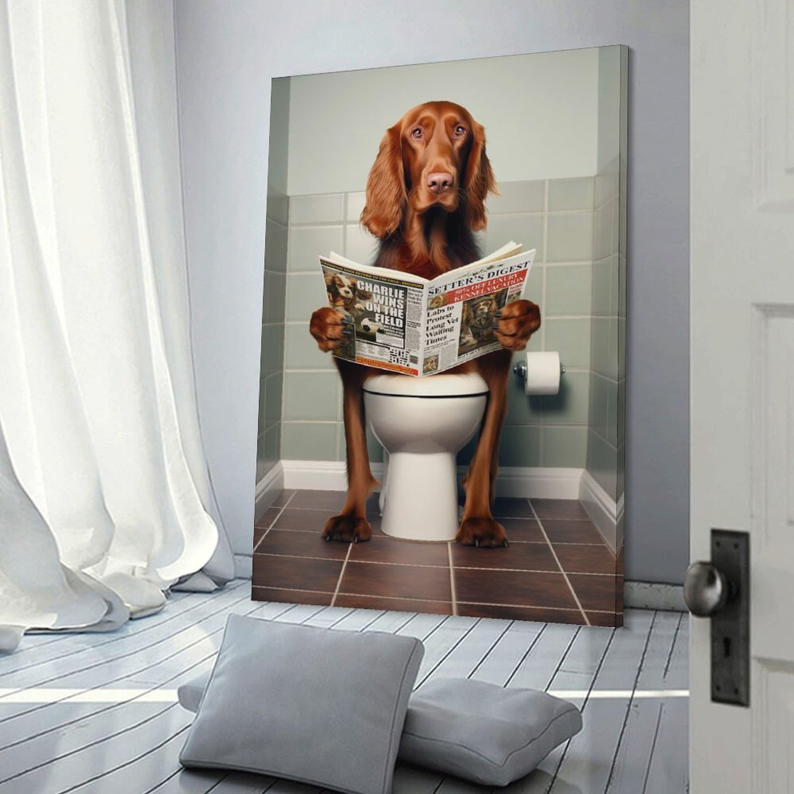 Junmoney Frame-Style-22-1 Irish Setter On The Toilet Canvas Art Print 24X36inch(60X90cm), For Bedroom Walls, Guest Spaces Or Lounges, Home Artwork With A Soft Interior Feel