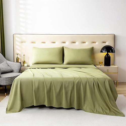 Bedlifes Juego de sábanas 100% de algodón de la serie de lujo, súper suave, transpirable, sedoso, bolsillo profundo de 16 pulgadas, 4 piezas (Cal