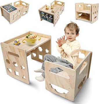 Satisure Montessori Weaning Table and Chair Set, Wooden Toddler Table and Chair Set, 1-3 Age Kids Table and Chairs with Blackboard & 3 Heights Adjustable for Eating & Drawing & Reading