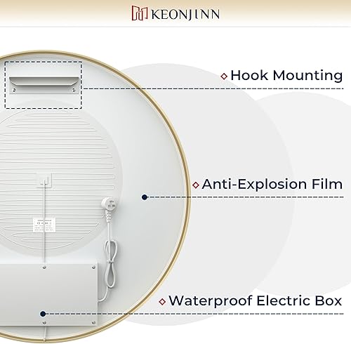 Miniatura 6 de Keonjinn Espejo de baño LED redondo dorado de 28 luces de 3000 K4500 K6000 K con marco de metal frontal antivaho redondo espejo de tocador montado