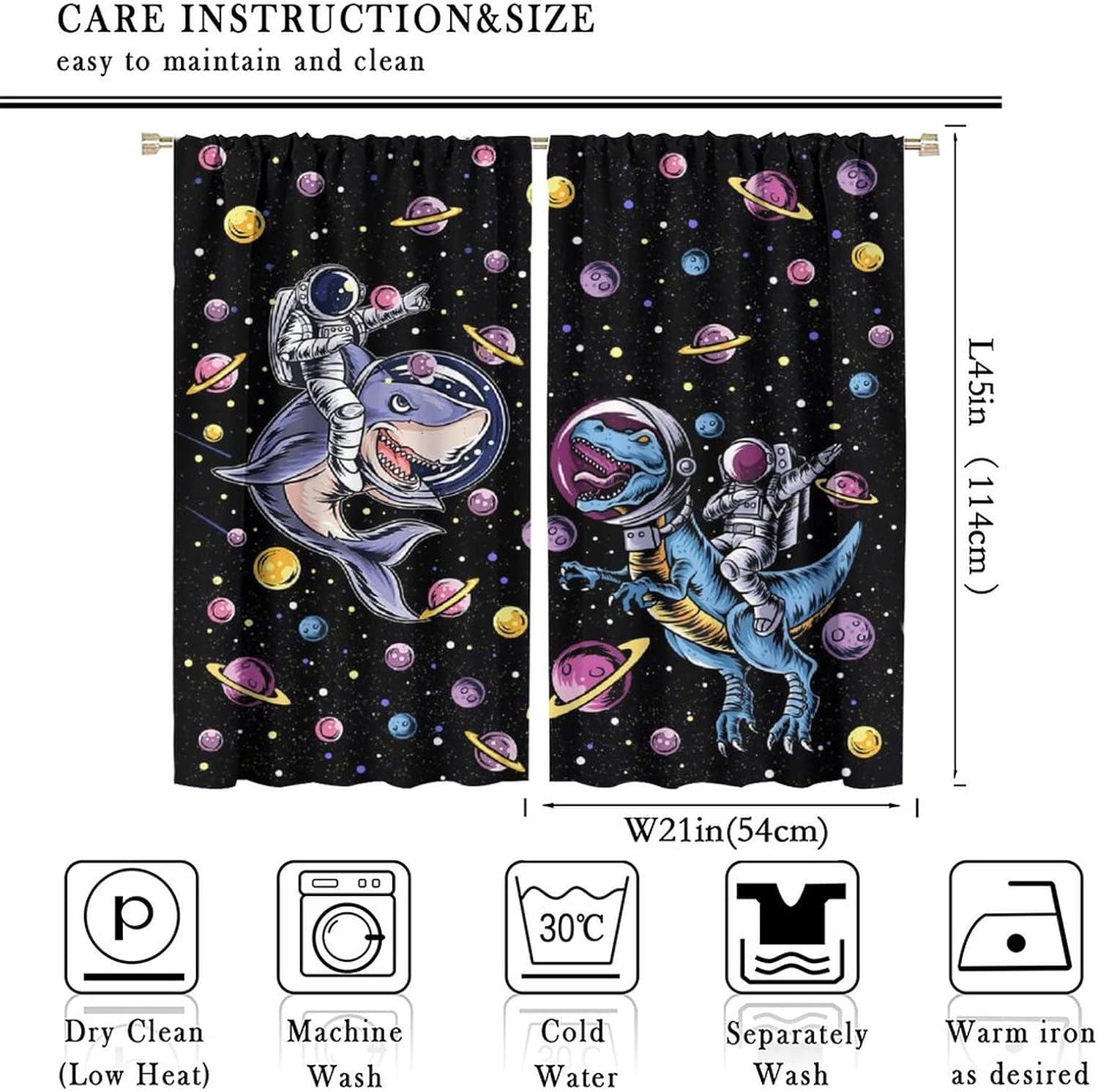 Funny Dinosaur Rod Pocket Blackout Curtains for Bedroom - Cartoon Cool Astronaut Riding Shark Psychedelic Galaxy Outer Space Window Drapes,Thermal Insulated Room Darkening Curtains 42x45in