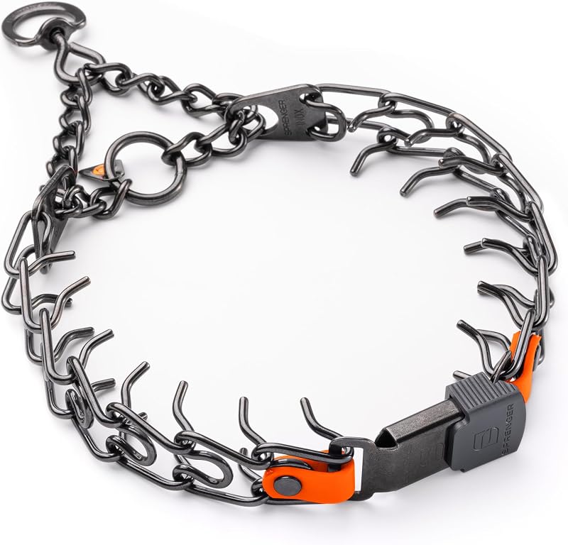 Coleira de Pinos para Cães Herm Sprenger em Aço Inoxidável Preto com Elos Curtos, ClicLock e Inserção de Biothane Hunter Orange 50,8 cm x 3 mm