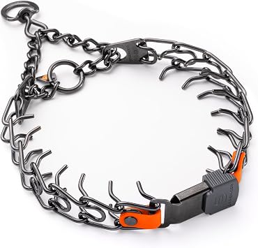 Herm Sprenger Black Stainless Steel Dog Collar with Short Links and Quick Release ClicLock Buckle and Biothane Insert Made in Germany 20in x 3.0mm Neck Size up to 16-17in Hunter Orange