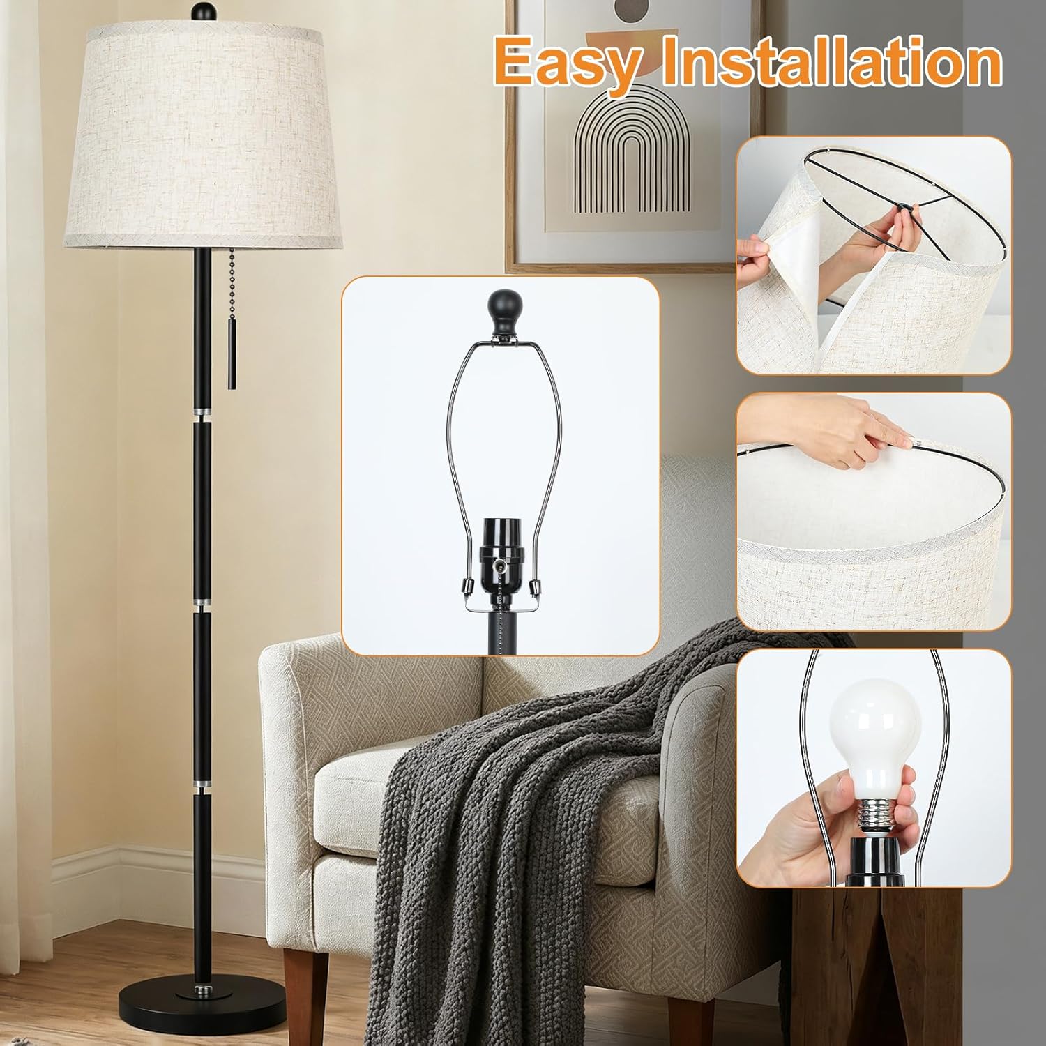 JUNNAI 【Upgraded】 Modern Black Floor Lamp 63in Standing Lamp for Living Room Bedroom Office 3 Way Brightness Dimmable Tall Pole Light with Beige Linen Shade Metal Shade 8W 3000K LED Bulb Included
