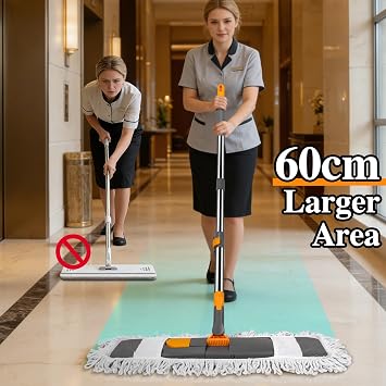 MASTERTOP Flat Mop, 60cm Wide Industrial Mops with Stainless Steel Long Handle, Commercial Pure Cotton Mop with 2 Reusable Pads, Wet and Dry Floor Mops for Hard Laminate Floors Cleaning