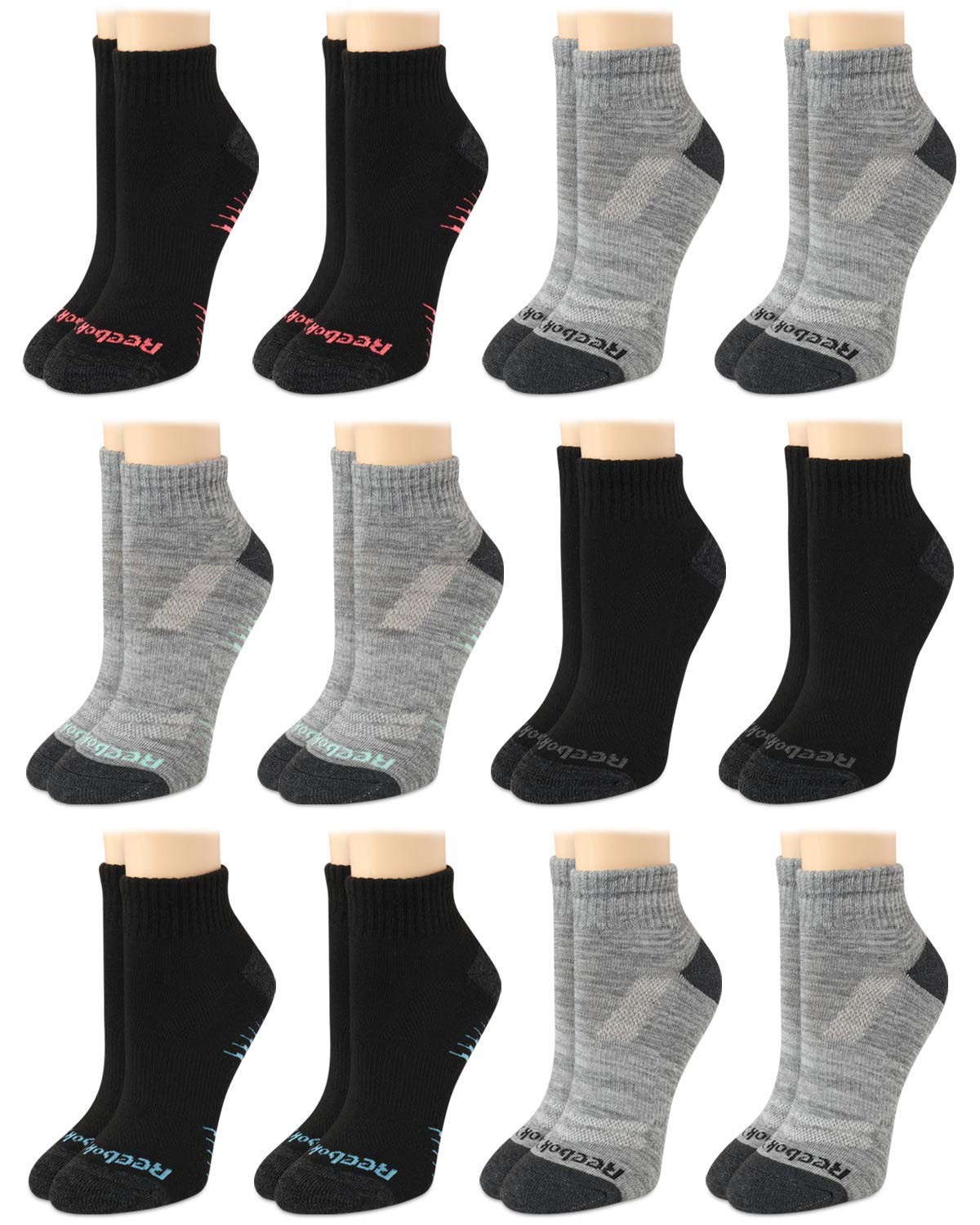 Reebok Women's Quarter Socks - 12 Pack Performance Arch Support Ankle Socks - Cushioned Athletic Socks for Women (Size: 4-10), Size 4-10, Black/Grey