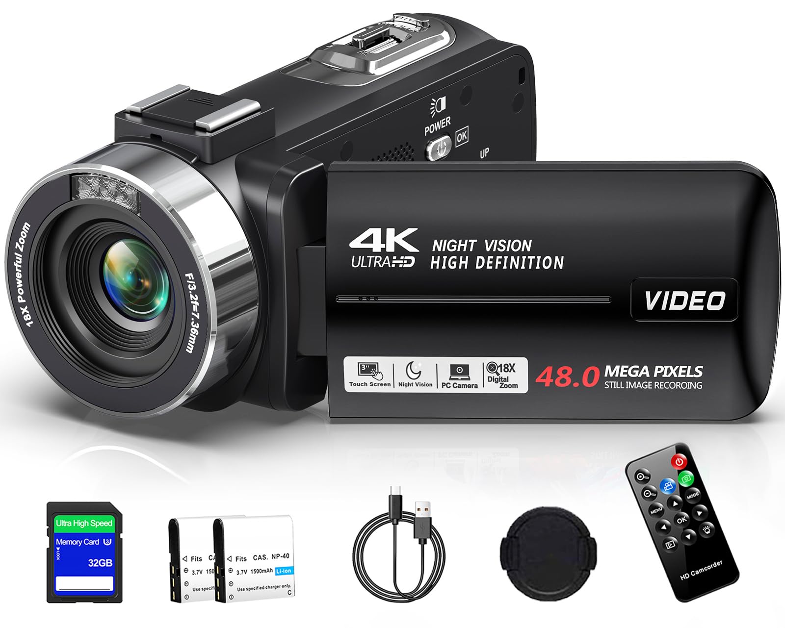 THPACIP 4K Camcorder Video Camera 48MP IR Night Vision Vlogging Camera for YouTube,18X Digital Zoom Camcorder Recorder 3.0" IPS 270° HD Screen with