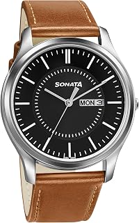 Essentials Quartz Analog with Day and Date Black Dial Tan Leather Strap Watch for Men - NT77082SL08W
