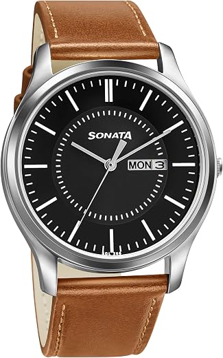 Sonata Essentials Quartz Analog with Day and Date Black Dial Tan Leather Strap Watch for Men - NT77082SL08W