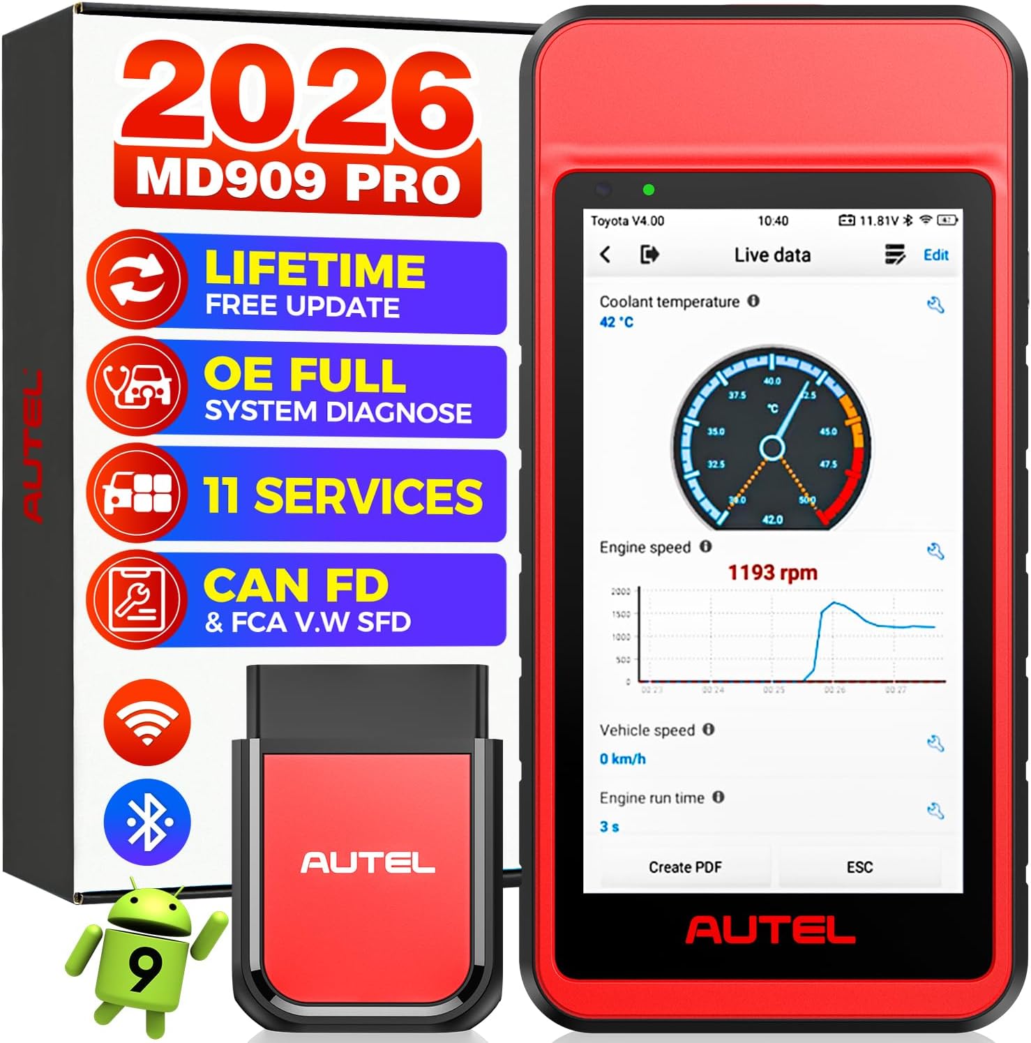 Autel MaxiDiag MD909 PRO Scanner, 2026 MD909PRO Bluetooth All System Diagnostic Scan Tool, Lite of MaxiCOM MK808S MX808S, CAN FD, 11 Hot Service, Battery Test, AutoVIN, FCA SGW, No Subscription Fee
