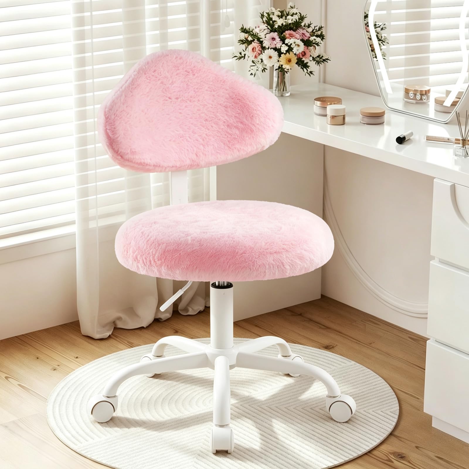 IWMH Vanity Chair with Wheels,Armless Swivel Desk Chair,Makeup Chair Pink